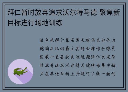 拜仁暂时放弃追求沃尔特马德 聚焦新目标进行场地训练