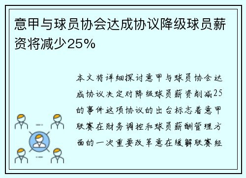 意甲与球员协会达成协议降级球员薪资将减少25%