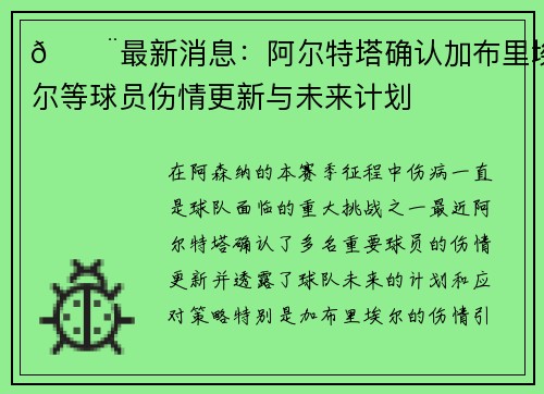 🚨最新消息：阿尔特塔确认加布里埃尔等球员伤情更新与未来计划