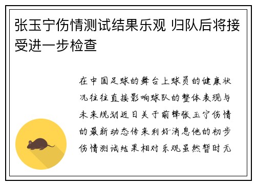张玉宁伤情测试结果乐观 归队后将接受进一步检查