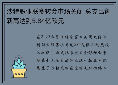 沙特职业联赛转会市场关闭 总支出创新高达到5.84亿欧元