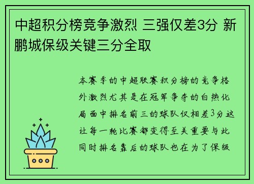 中超积分榜竞争激烈 三强仅差3分 新鹏城保级关键三分全取